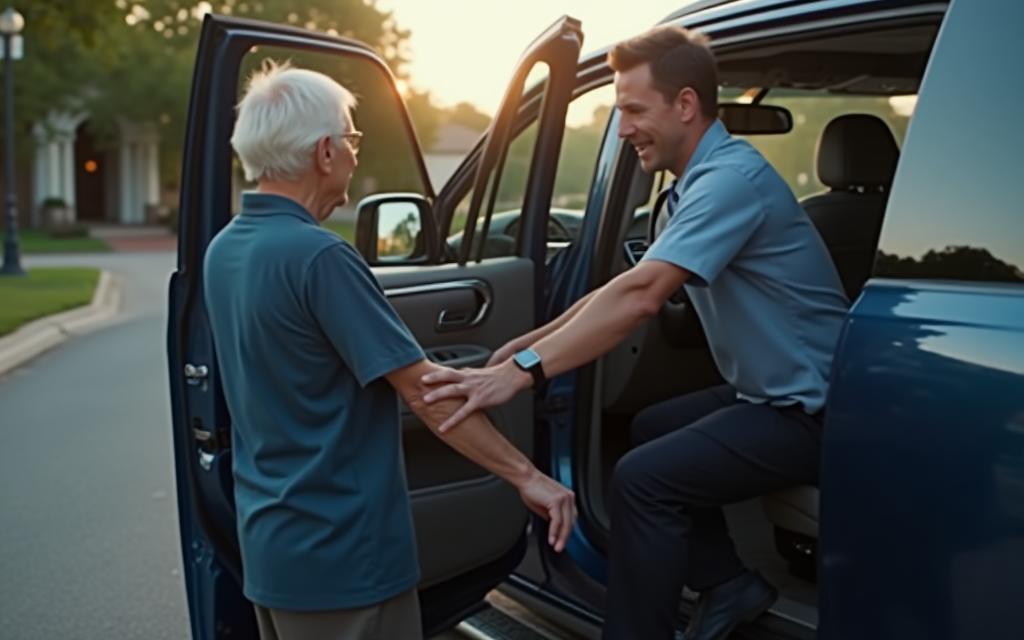 Boston Carriage vehicle assisting an elderly person with their medical appointment transportation, symbolizing support for Wheels of Hope.